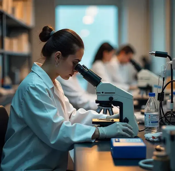 Researchers at microscopes in a laboratory