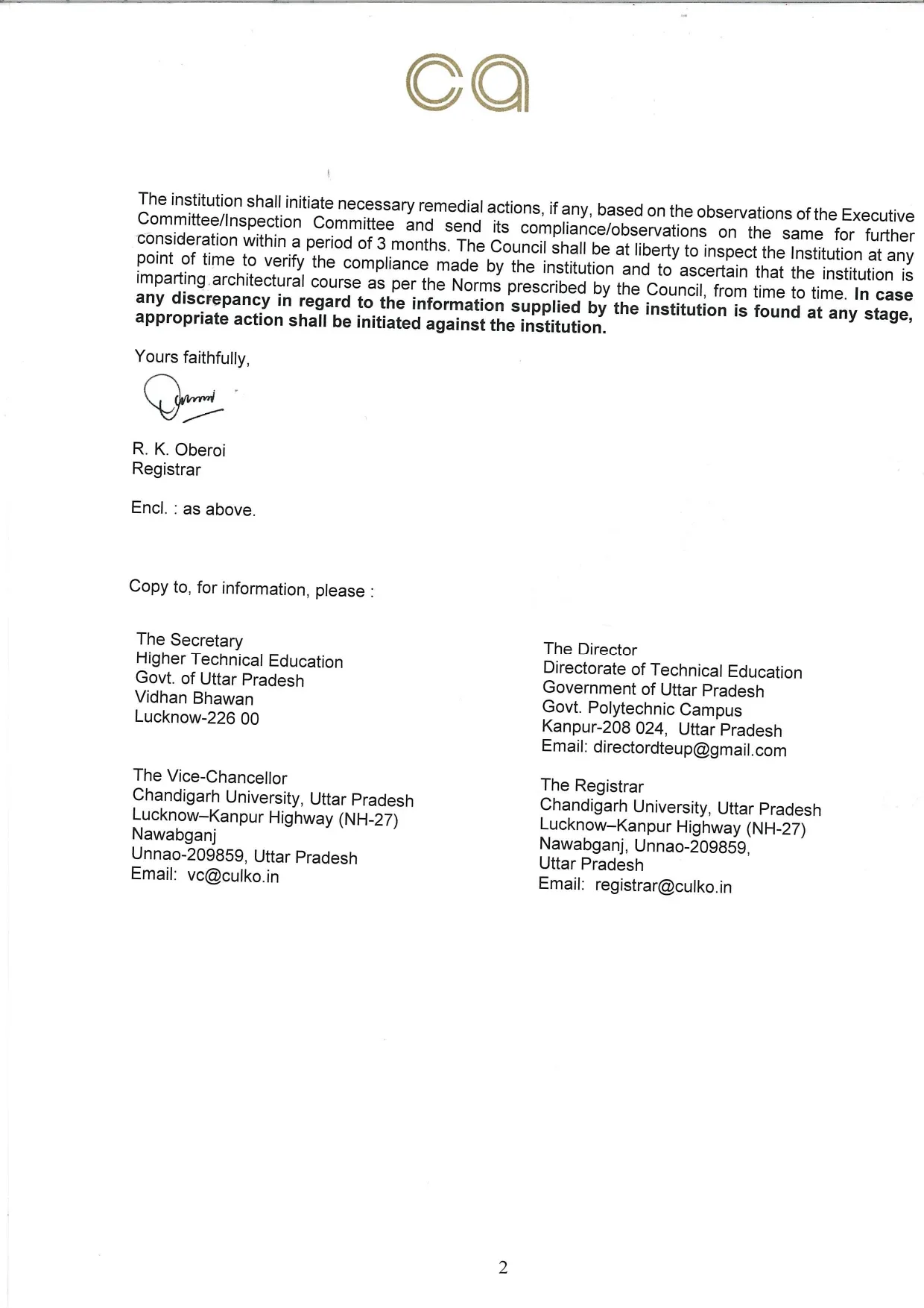 Council of Architecture (COA) approval for B.Arch, page 2